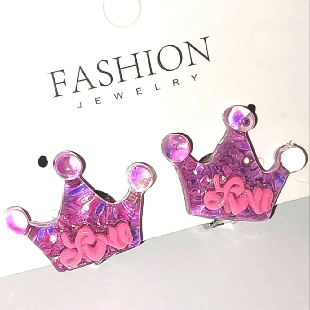 Beautiful Purple Girls Clip-on Love Crown Earrings For Kids